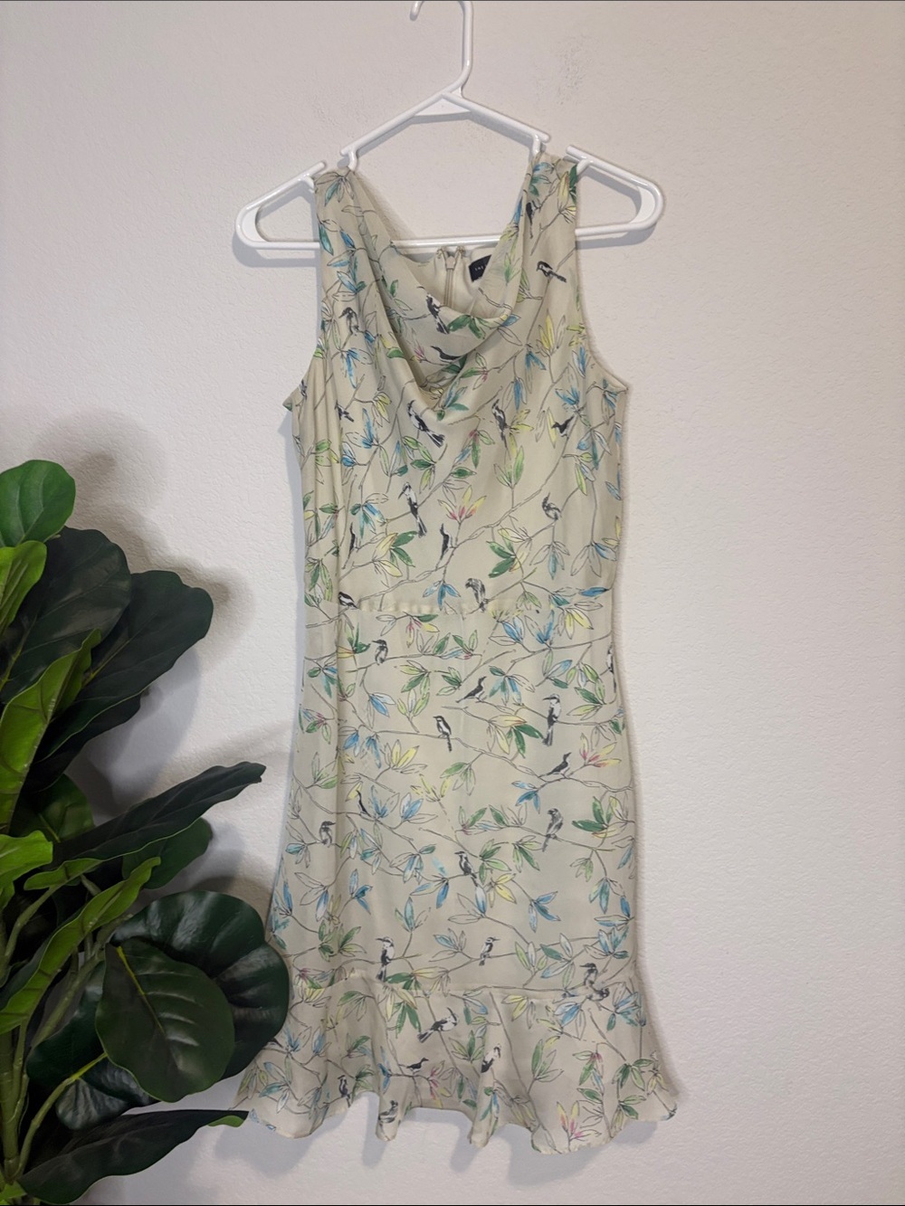 The Limited Sleeveless Floral Cowl Neck Dress in Light Sage green bird print 4